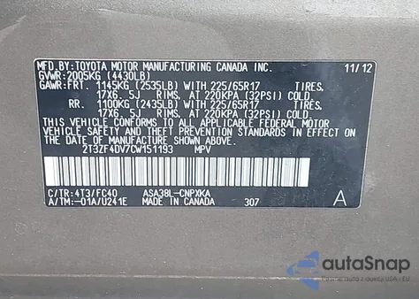 2012 Toyota Rav4 from USA, damaged, VIN 2T3ZF4DV7CW151193